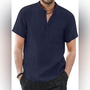 380. NWT KUYIGO Men's Casual Short Long Sleeve Henley Shirts Linen Cotton 3XL